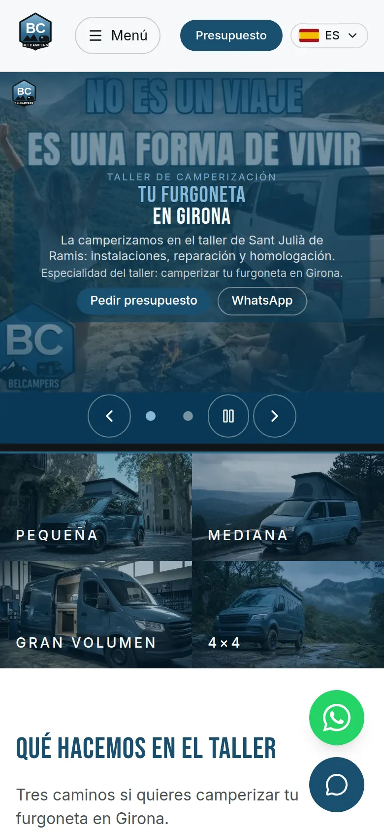 Web del taller Belcampers — inicio movil