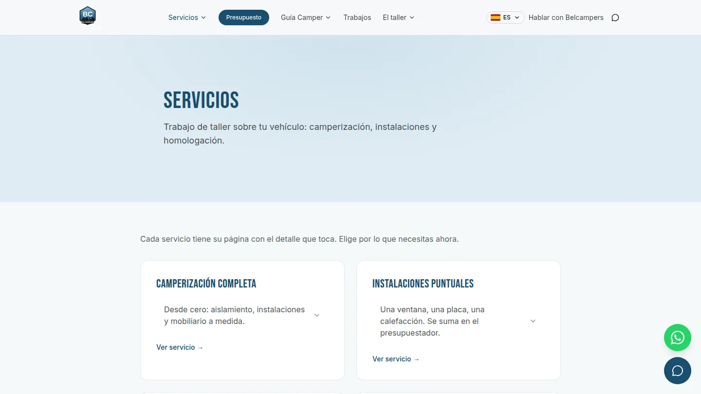 Web del taller Belcampers — servicios escritorio