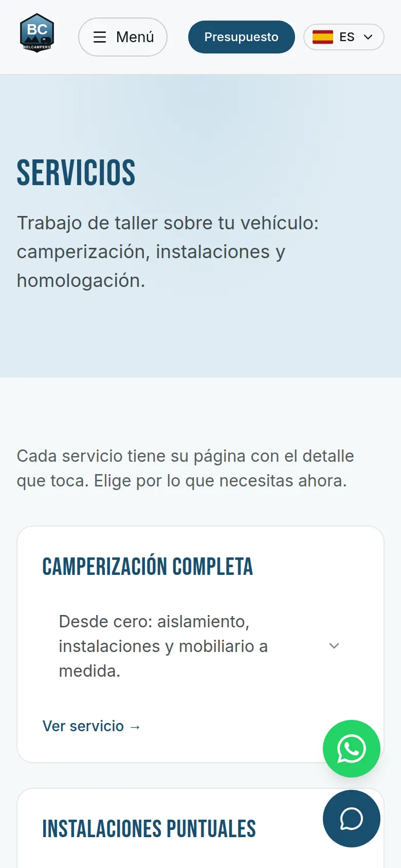Web del taller Belcampers — servicios movil