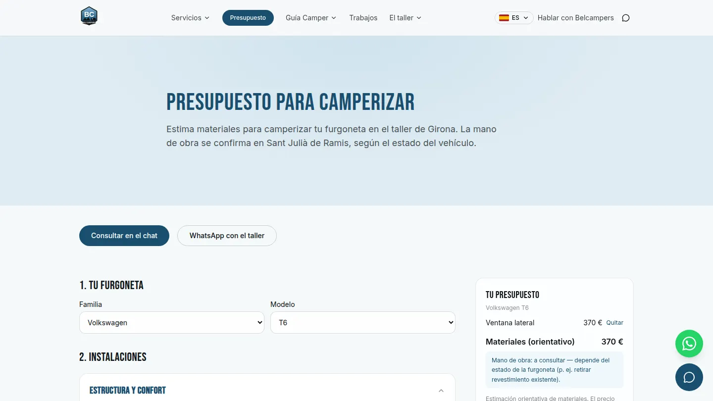 Web del taller Belcampers — presupuesto escritorio