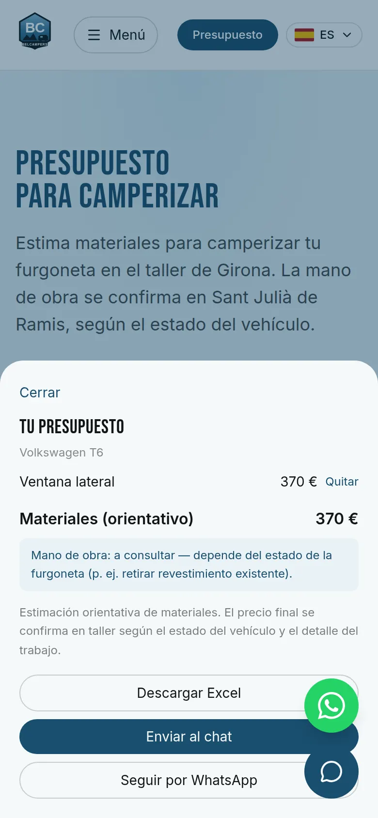 Web del taller Belcampers — presupuesto movil