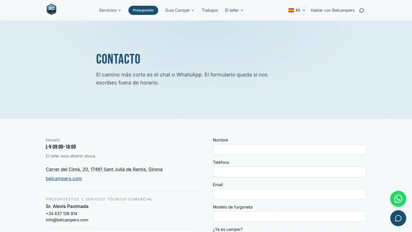 Web del taller Belcampers — contacto escritorio