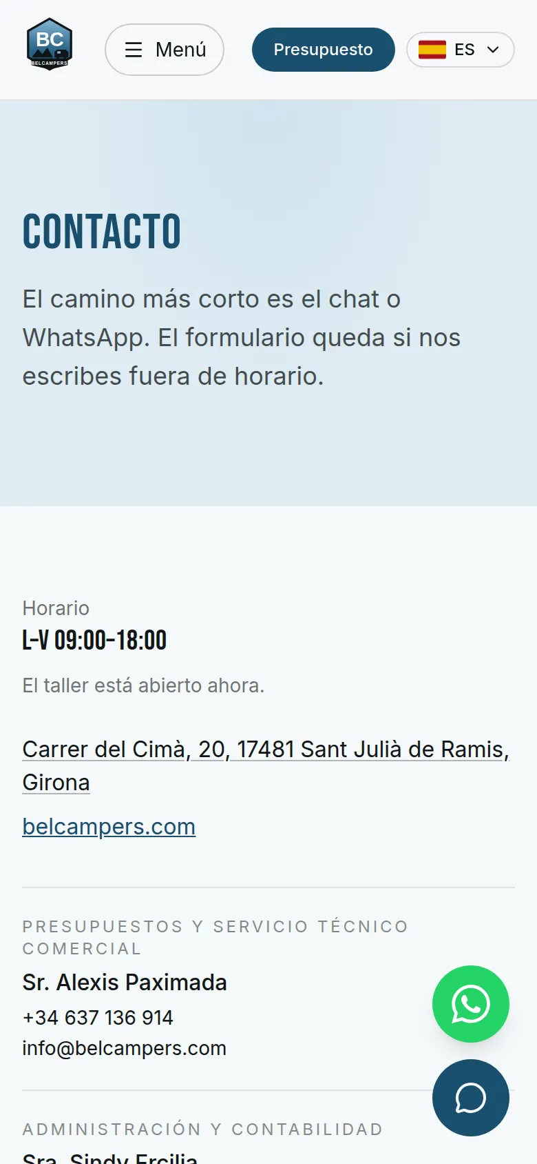 Web del taller Belcampers — contacto movil