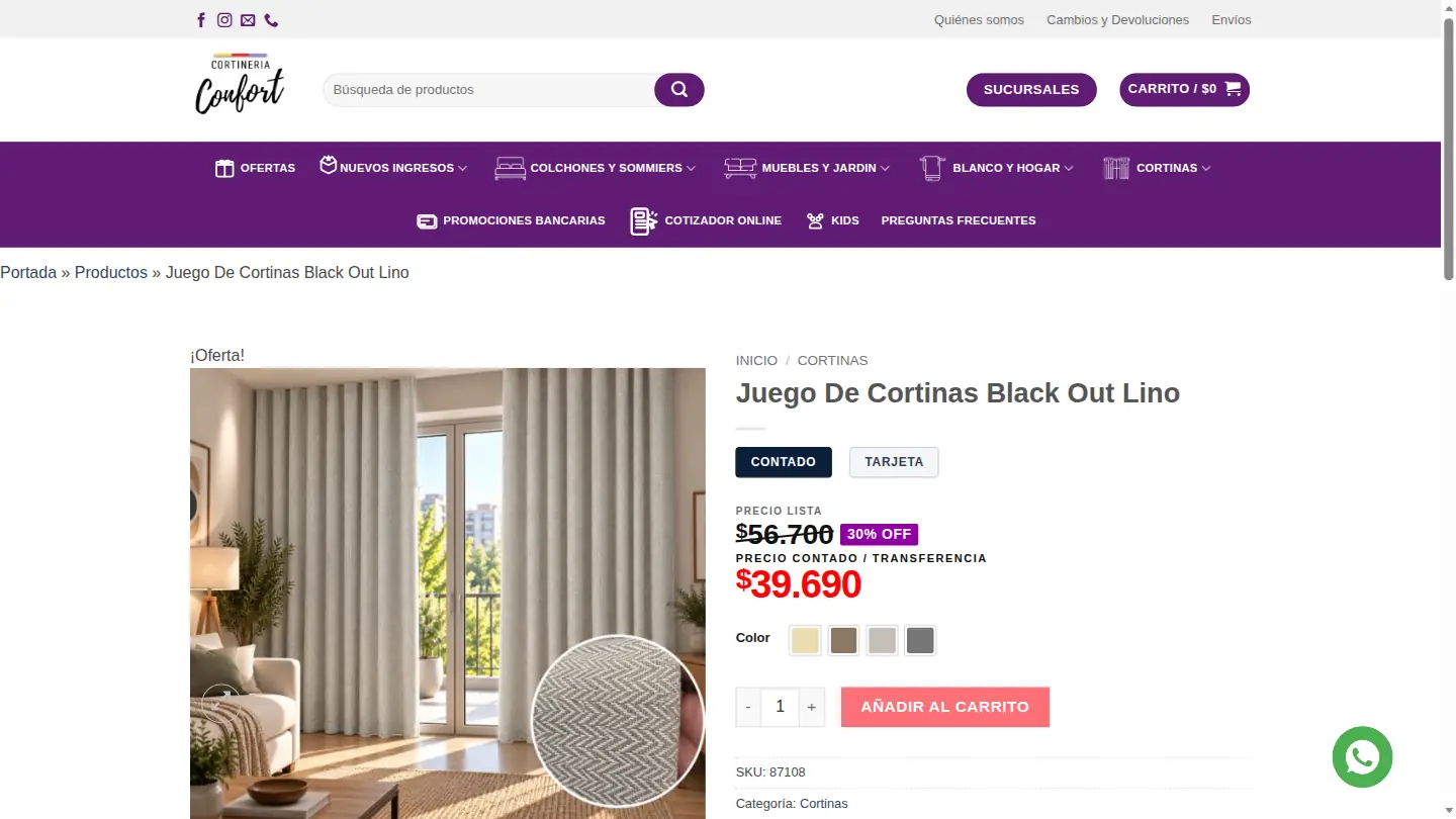 Tienda online de Cortinería Confort — producto escritorio