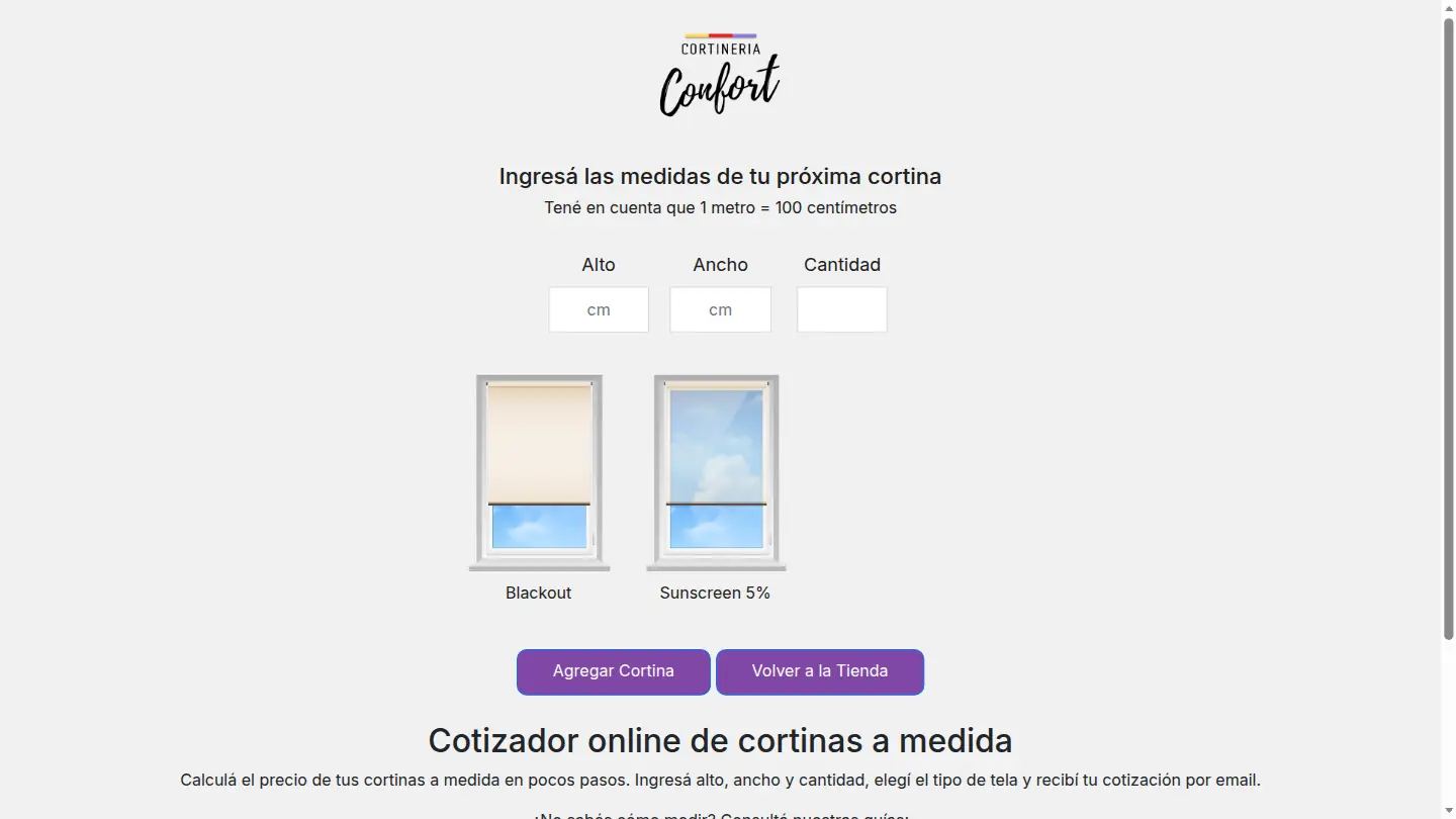 Tienda online de Cortinería Confort — cotizador escritorio