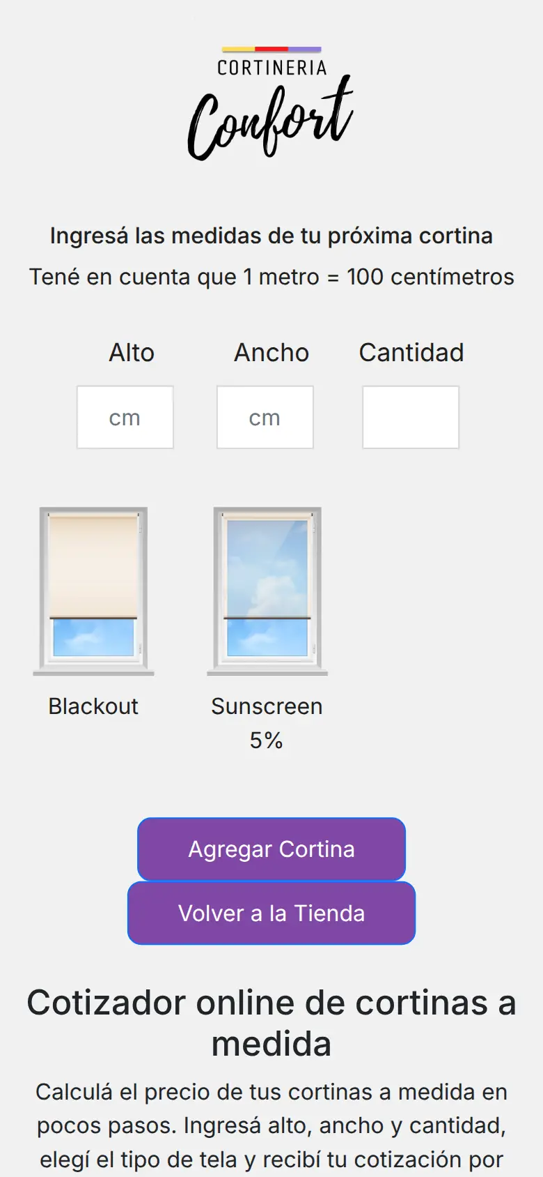 Tienda online de Cortinería Confort — cotizador movil
