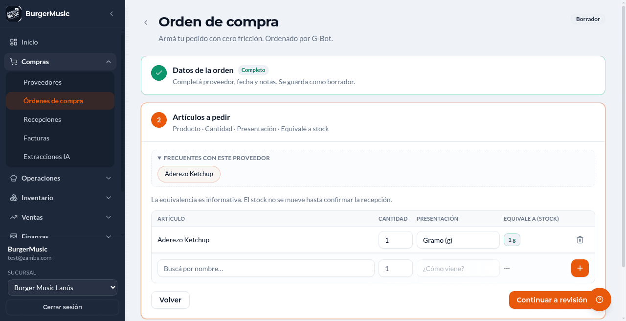 BurgerMusic — suite de gestión gastronómica — compras detalle