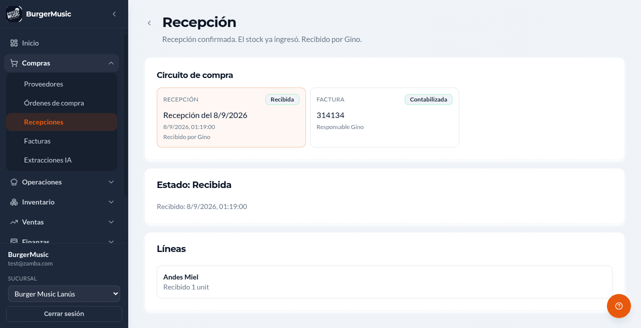 BurgerMusic — suite de gestión gastronómica — compras recepcion detalle