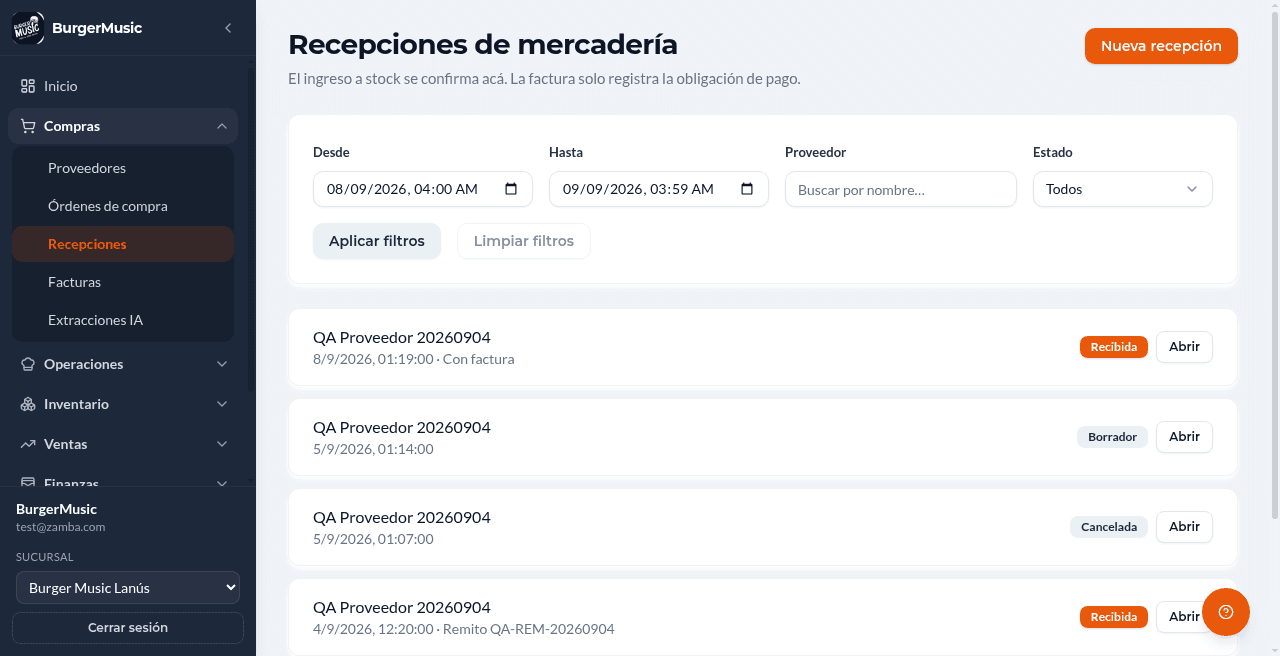 BurgerMusic — suite de gestión gastronómica — compras recepciones lista