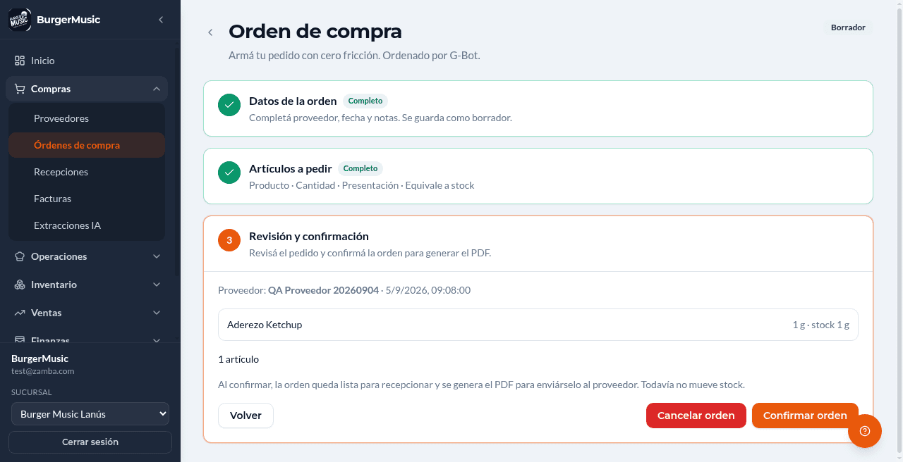 BurgerMusic — suite de gestión gastronómica — compras revision