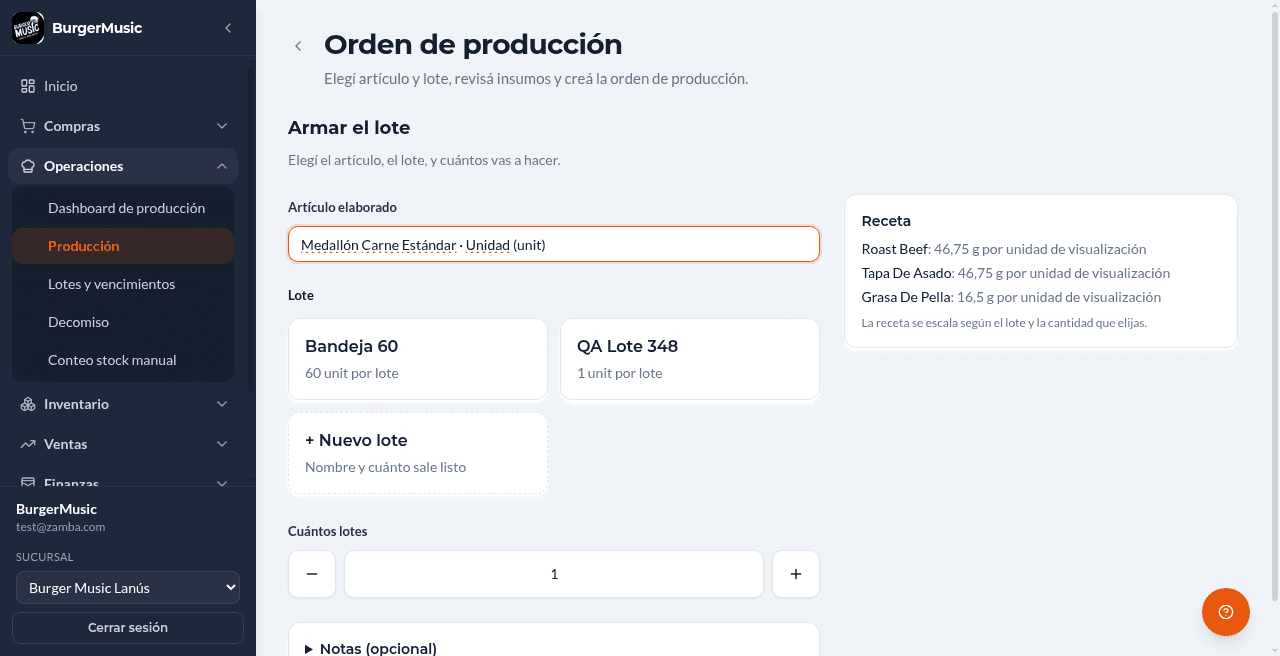 BurgerMusic — suite de gestión gastronómica — produccion receta
