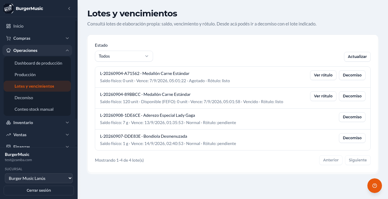 BurgerMusic — suite de gestión gastronómica — inventario lotes