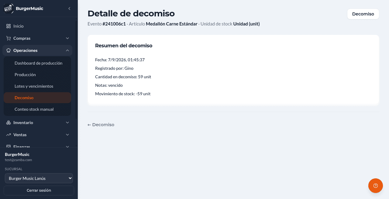 BurgerMusic — suite de gestión gastronómica — merma detalle