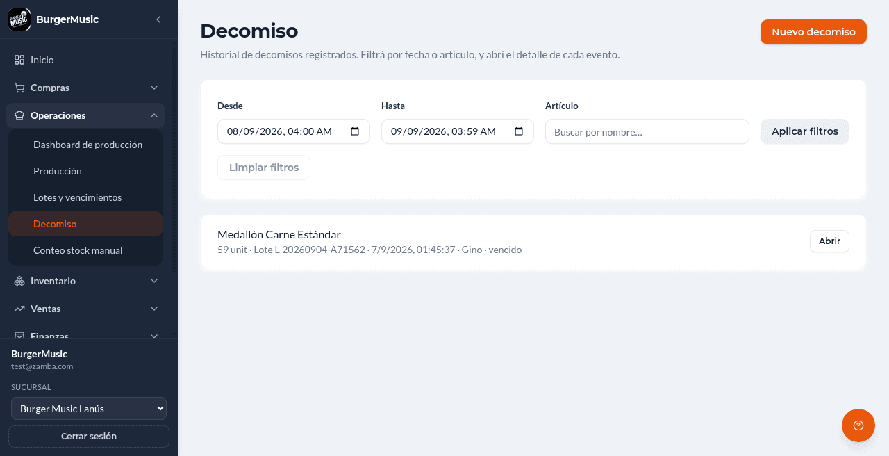 BurgerMusic — suite de gestión gastronómica — merma lista