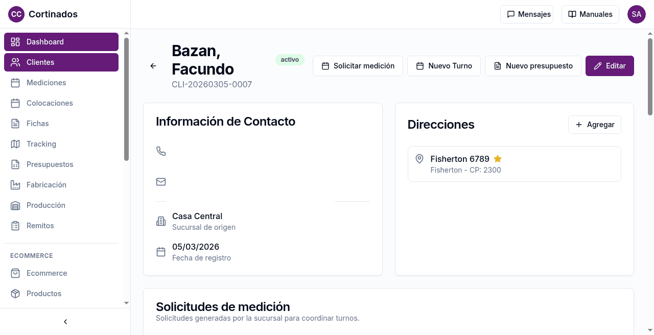 Cortinados Confort — plataforma de gestión — cliente