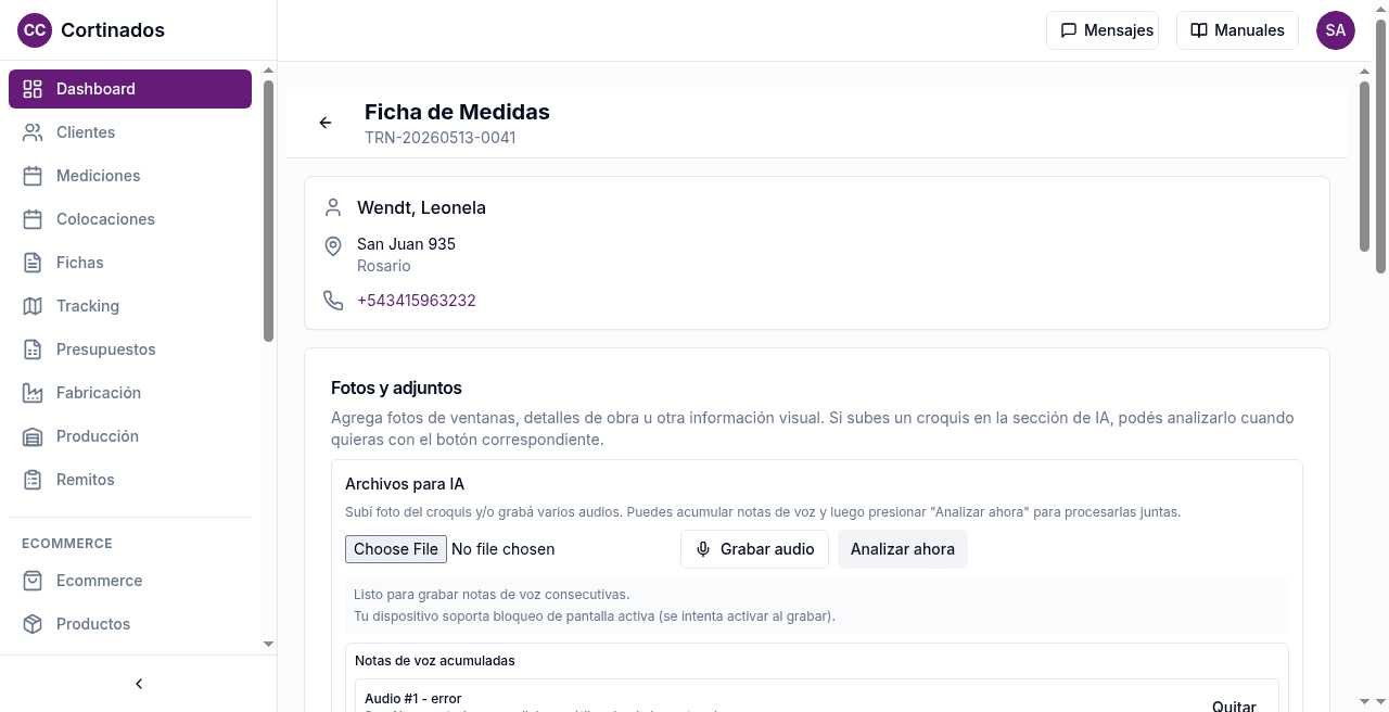 Cortinados Confort — plataforma de gestión — medicion