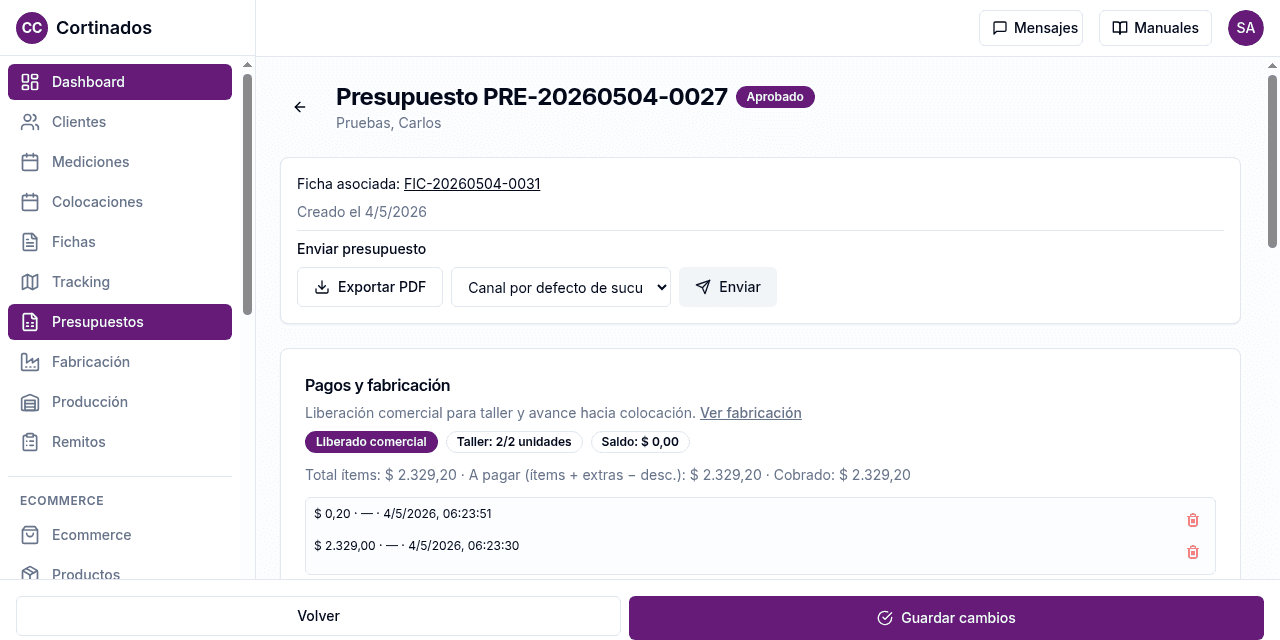 Cortinados Confort — plataforma de gestión — presupuesto