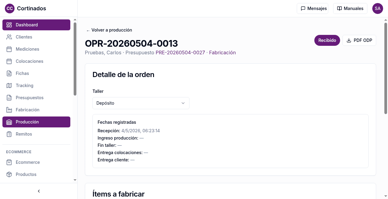 Cortinados Confort — plataforma de gestión — produccion