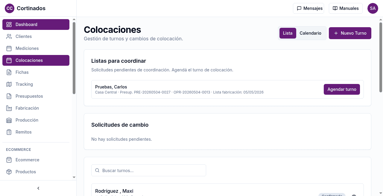 Cortinados Confort — plataforma de gestión — entrega