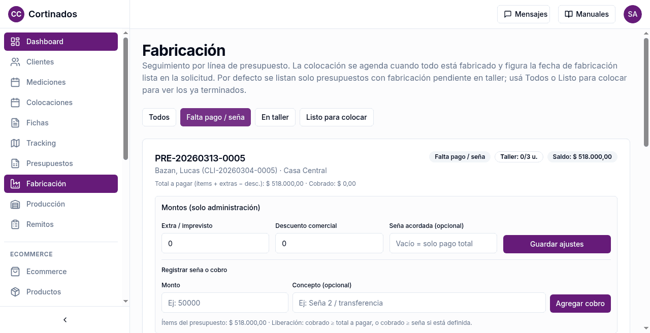 Cortinados Confort — plataforma de gestión — cobro