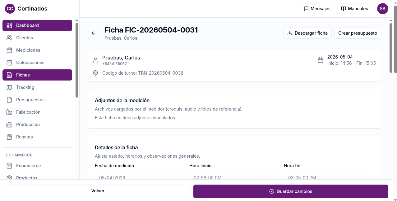 Cortinados Confort — plataforma de gestión — ficha medidas