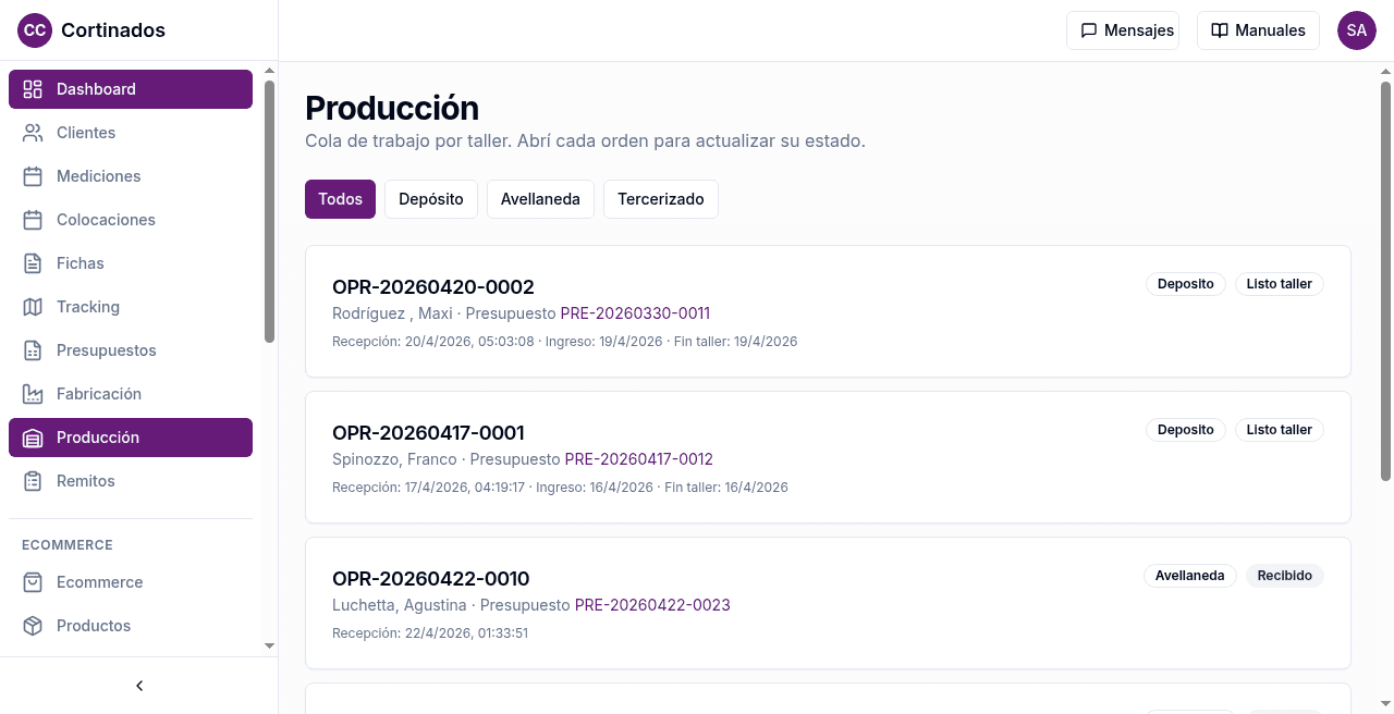 Cortinados Confort — plataforma de gestión — produccion cola